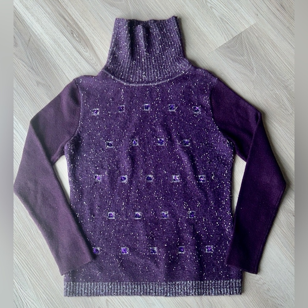 Amelia Austin Turtleneck Sweater M/L Heather Purple Fitted Sequins Stretch Glam